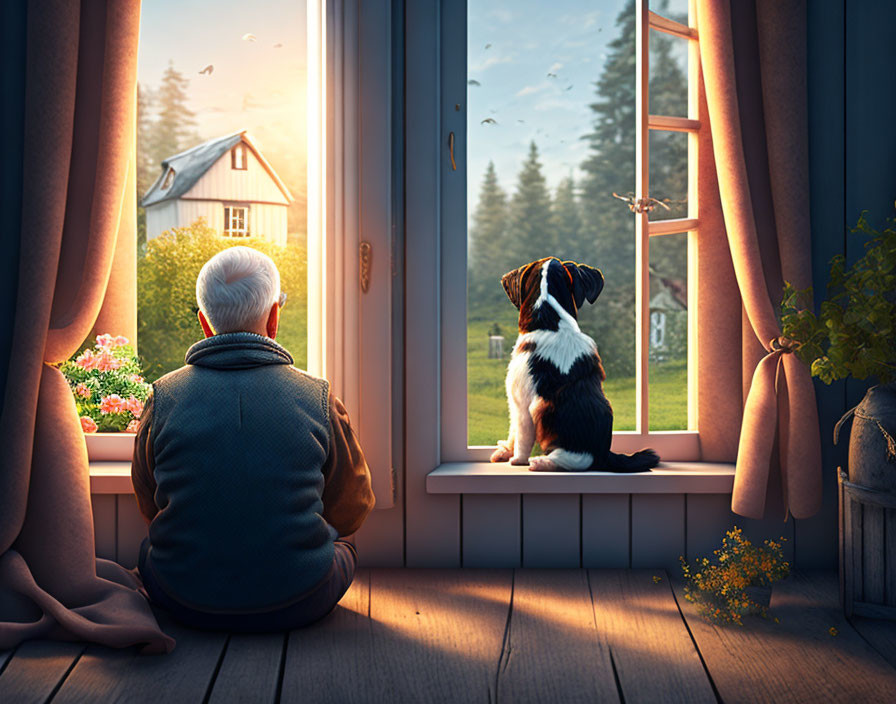 Elderly person and dog admiring serene countryside scene at sunset