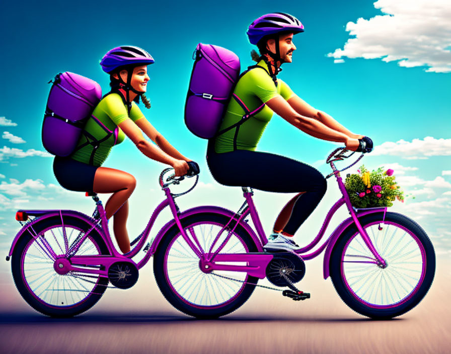 Two people in helmets ride purple tandem bicycle under blue sky