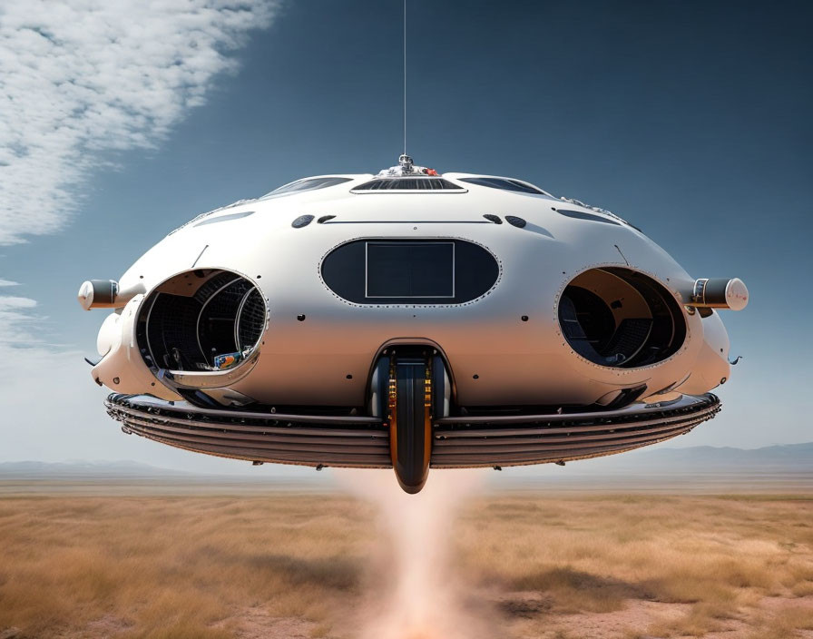 Futuristic spacecraft with round body and jet propulsion above desert landscape