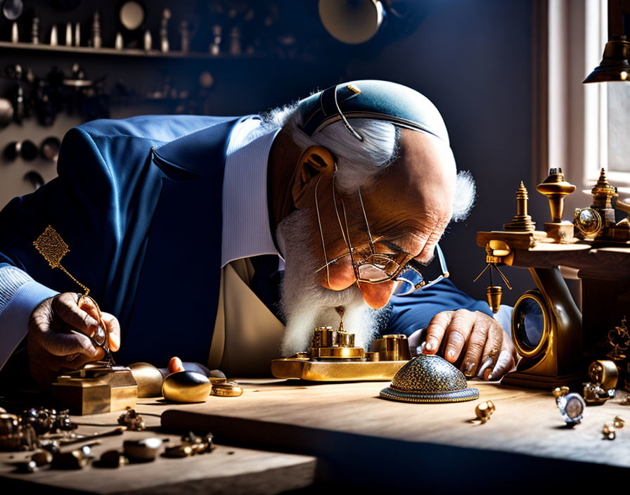 Elderly craftsman in blue suit inspects watch under lamp light