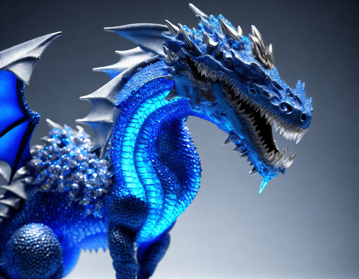 Detailed Blue Crystal Dragon with Spines & Wing Patterns on Grey Background