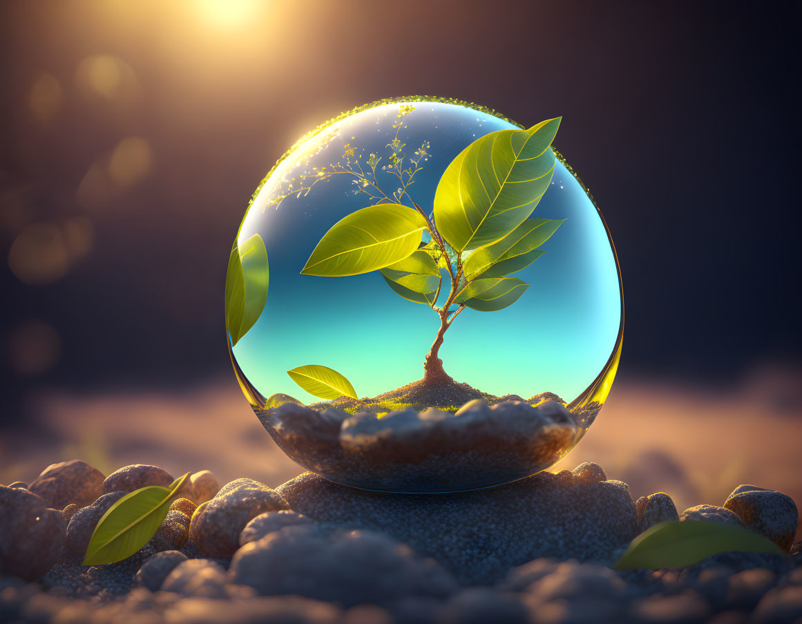 Young plant in transparent bubble with surreal glowing ambiance among stones