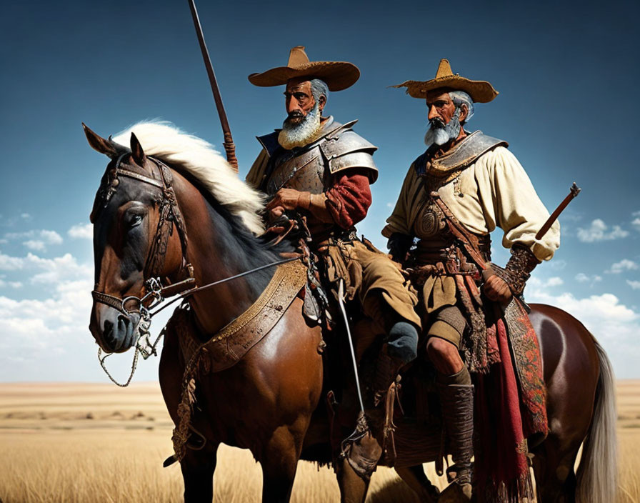 Historical Western attire duo on horse in vast plains