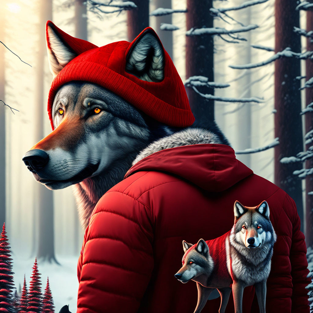 Anthropomorphic wolf in red beanie and jacket in snowy forest with two smaller wolves