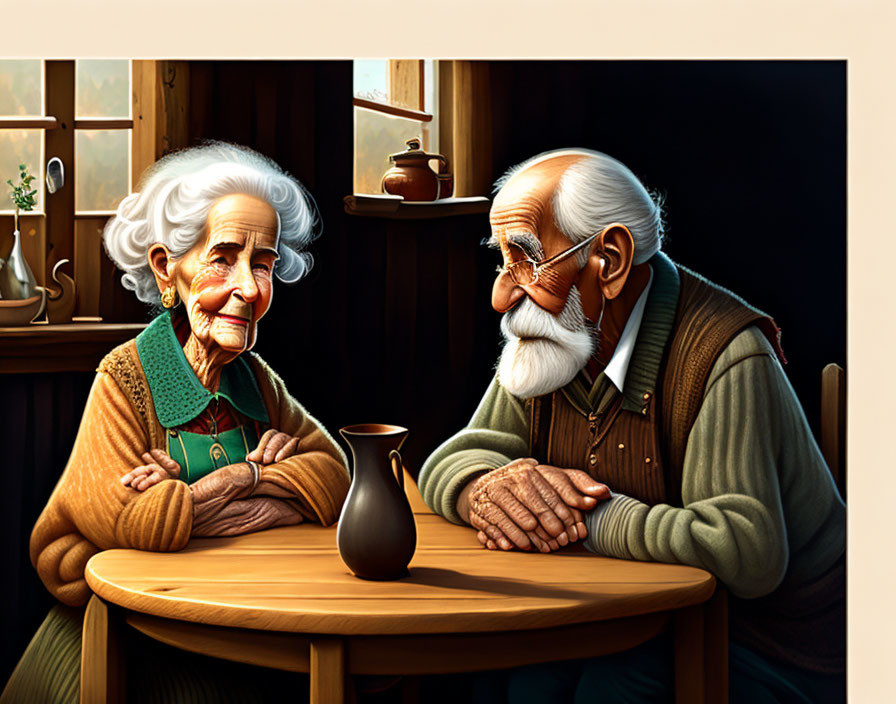 Elderly couple with thoughtful expressions in cozy room