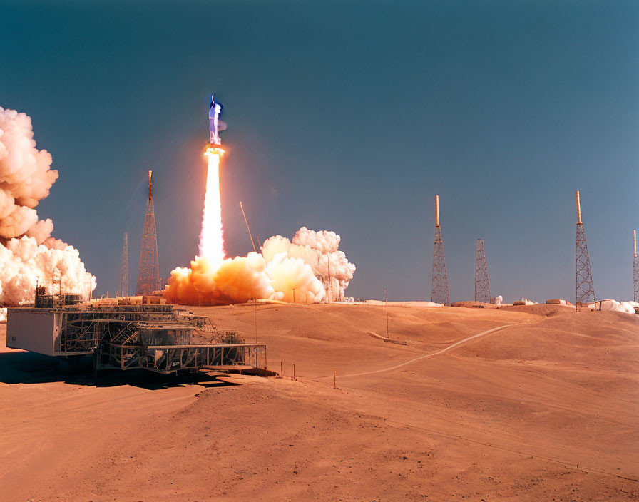 Rocket Launch with Fiery Exhaust and Smoke in Desert Sky