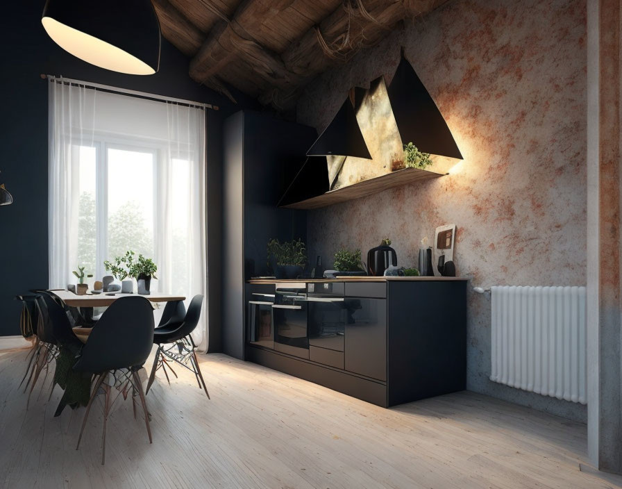 Contemporary kitchen with black cabinets, stylish dining area, white curtains, wooden floors, large window.