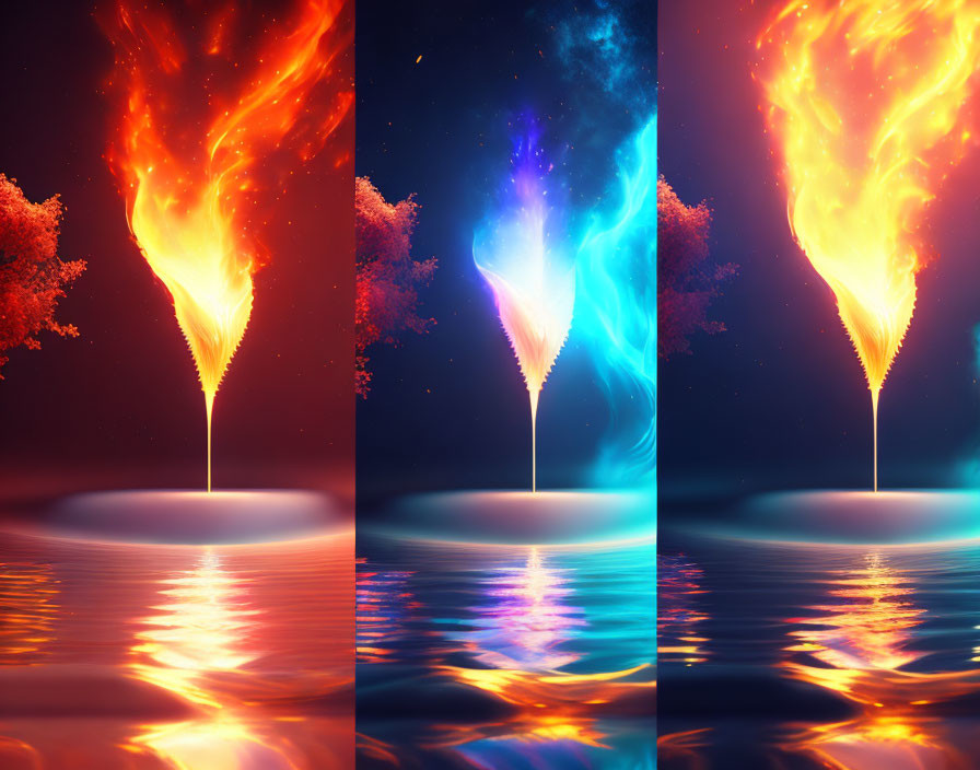 Vibrant Fiery Plumes Over Serene Water Bodies at Night