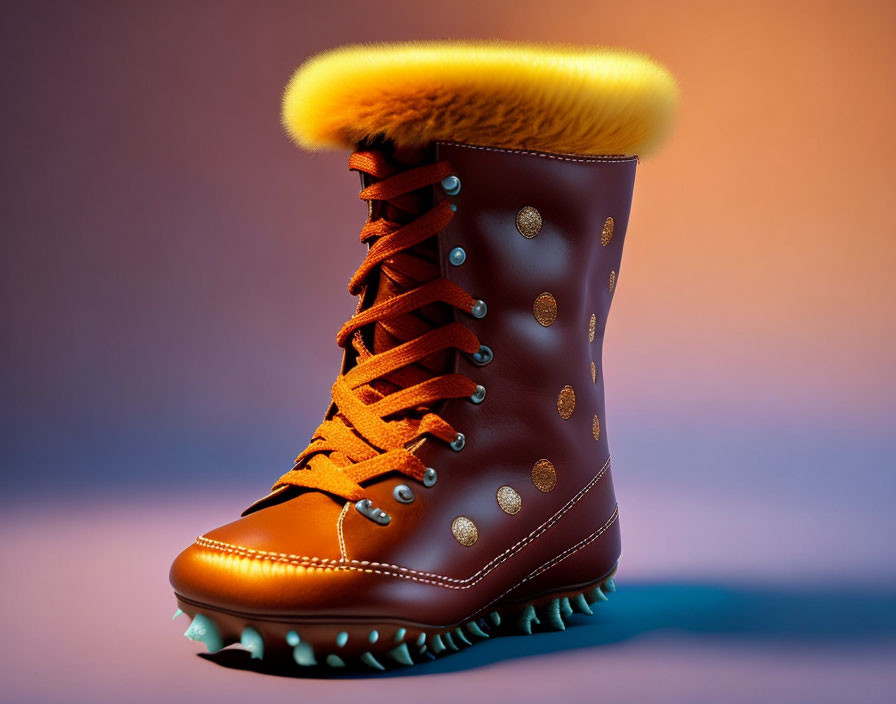 Brown Leather Boot with Yellow Fur Trim, Gold Studs, Green Spiked Sole on Purple and Orange