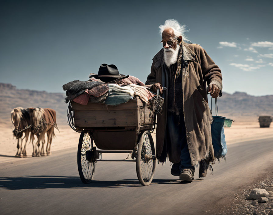 Elderly man with white beard walking beside cow on barren road