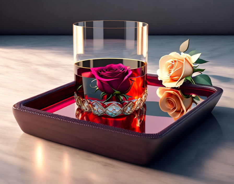 Reflective Tray with Diamond Band Glass and Red Rose Next to Pale Rose with Ribbon