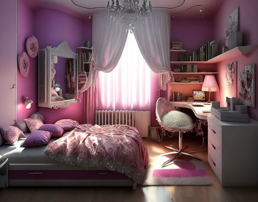 Purple-themed Bedroom with Draped Window, Chandelier, Bookshelves, Furry Chair, and