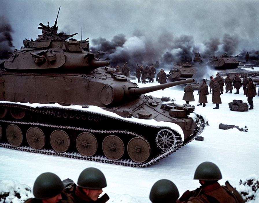 Historical colorized photo: Soldiers, tanks in snowy battlefield.