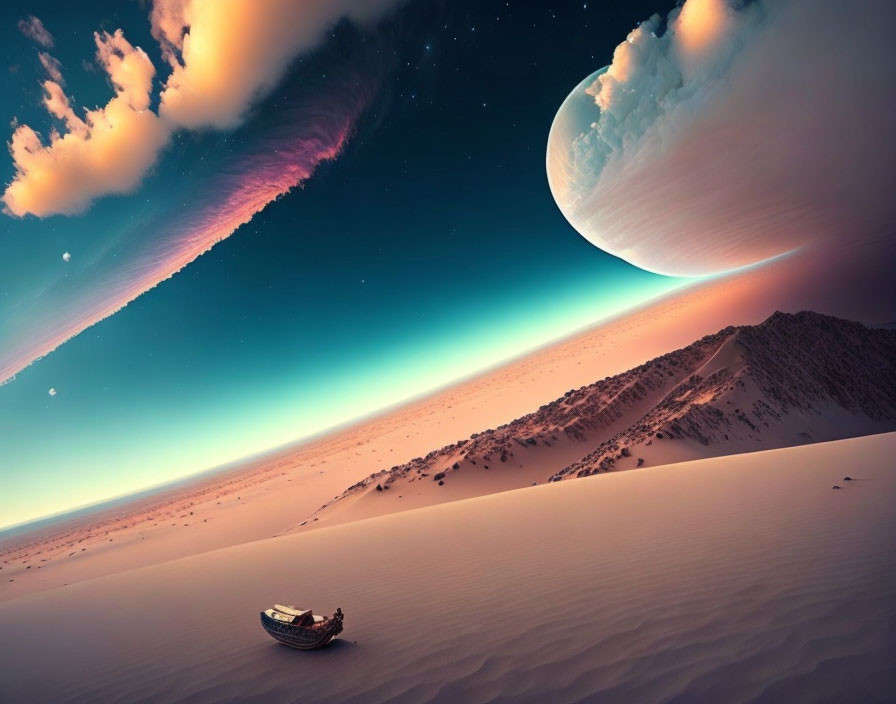 Surreal desert landscape with twilight sky and massive planet, lone boat on sand dunes