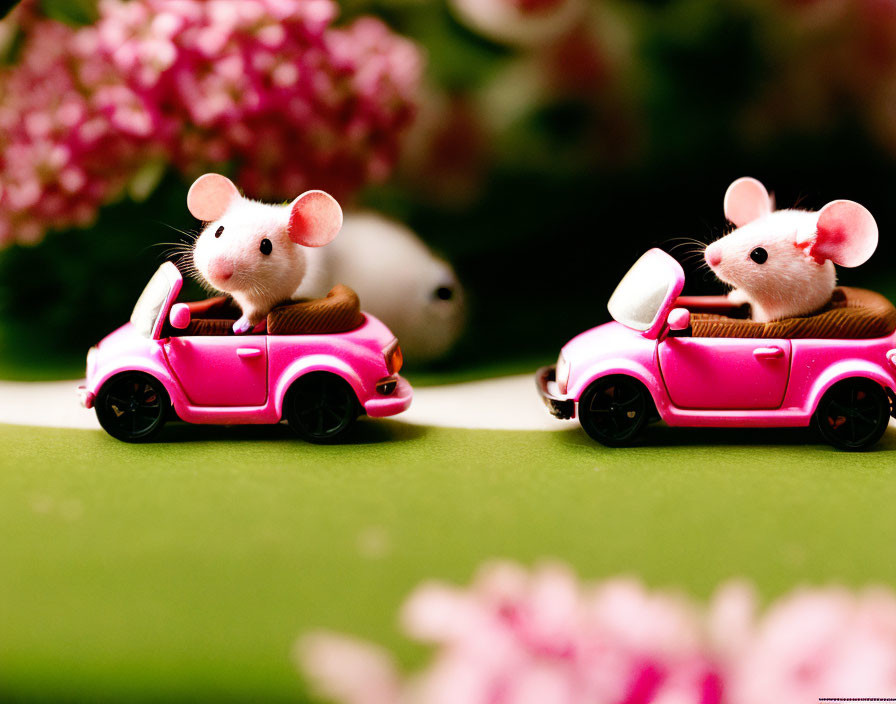 Pink toy mice in miniature cars surrounded by pink flowers on green surface