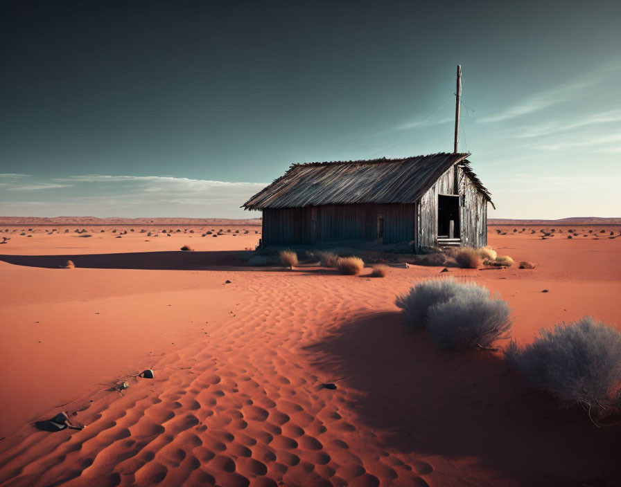 Isolated old wooden shack in vast desert with rippled sand dunes