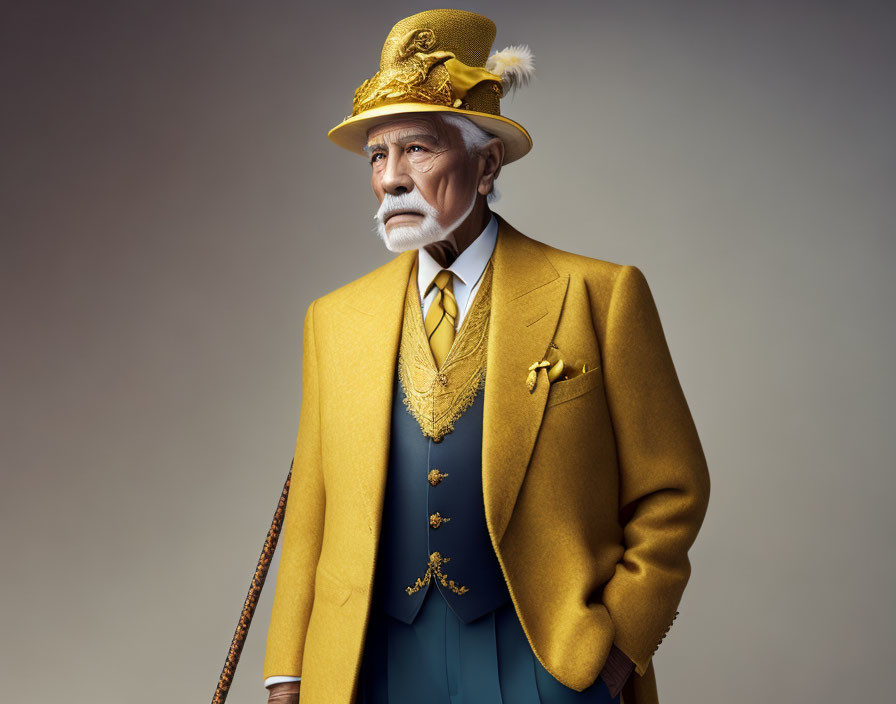 Elderly man in yellow three-piece suit and feathered hat