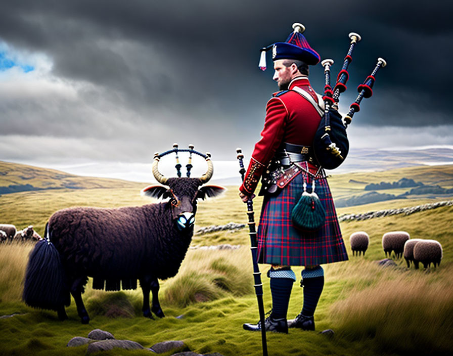 Traditional Scottish bagpiper with black sheep and flock in field under cloudy sky