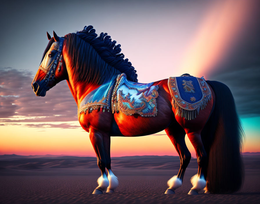 Majestic horse with decorated saddle in desert at sunset