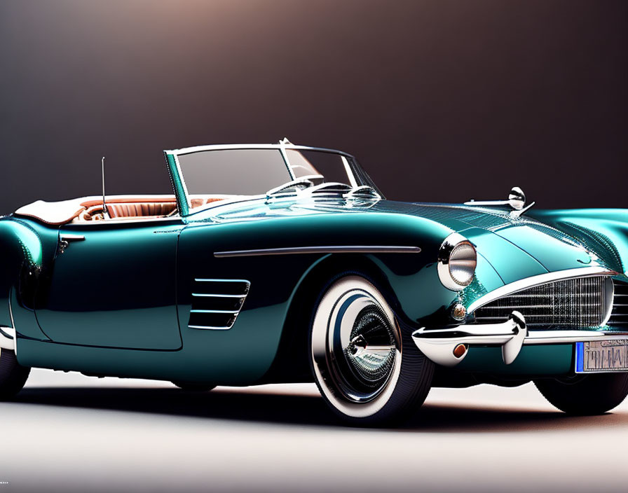 Vintage teal convertible car with chrome details and whitewall tires spotlighted.