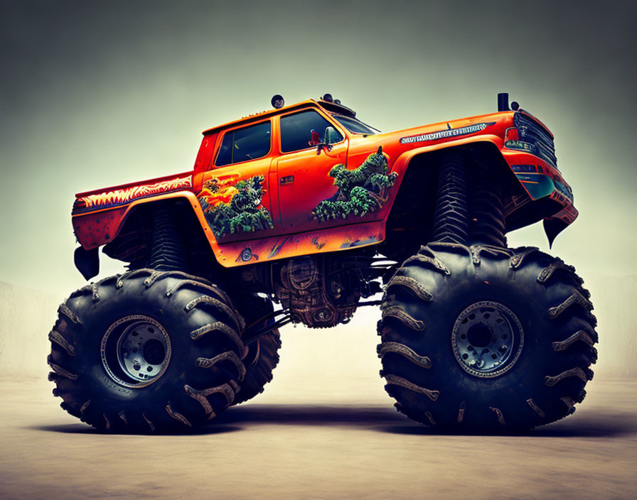 Large-wheeled orange monster truck with graphic decals on plain background