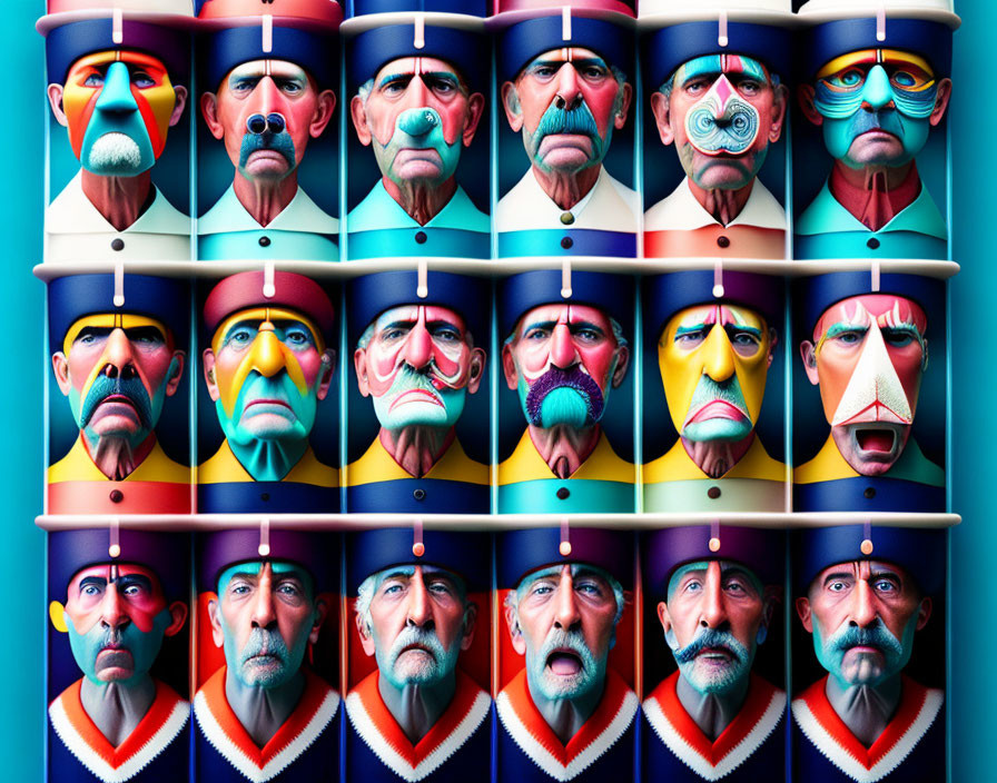 Colorful Stylized Faces Array on Blue Background: Modern Artistic Interpretation of Wooden Face Sculpt