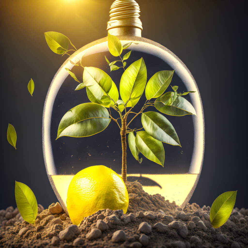 Colorful plant in light bulb with lemon and soil on dark background