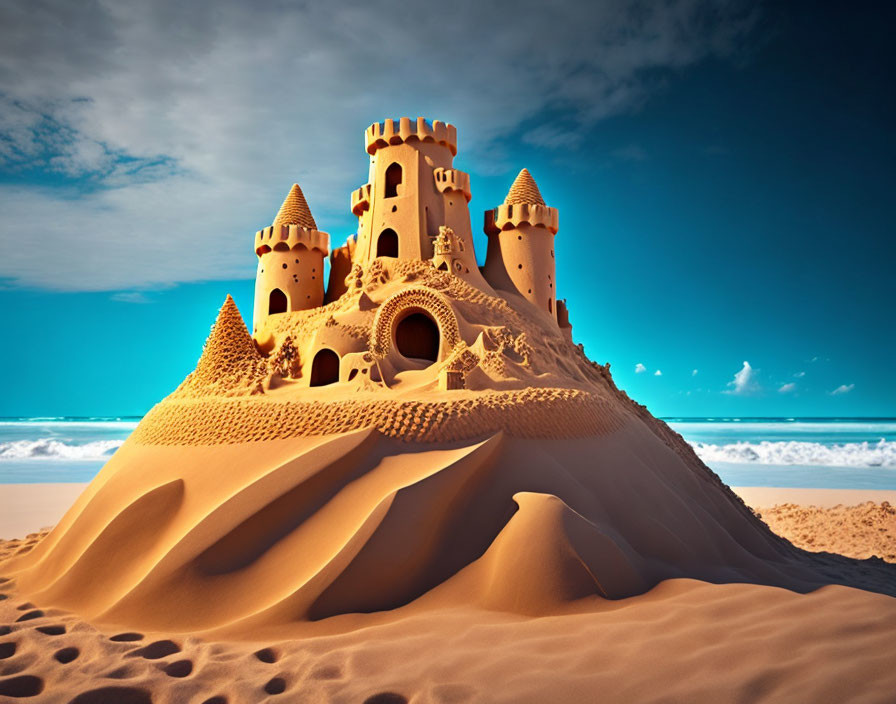 Elaborate sandcastle with multiple towers on a beach under clear blue sky