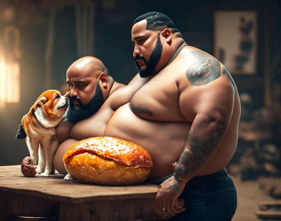 Tattooed man and dog eye loaf of bread on table