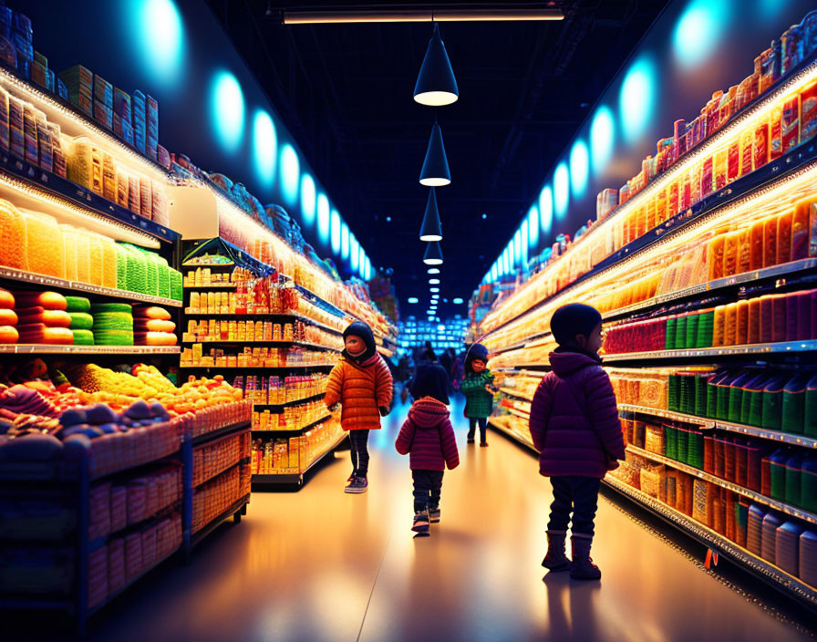 Colorful Supermarket Aisle with Children in Winter Coats