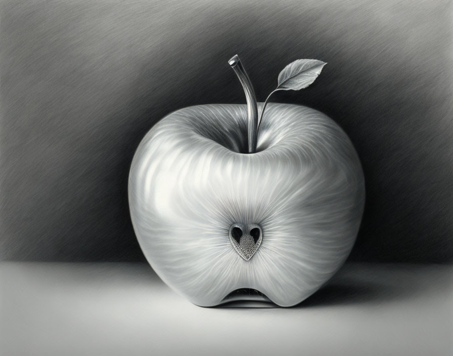 Detailed black and white apple illustration with heart-shaped cutout