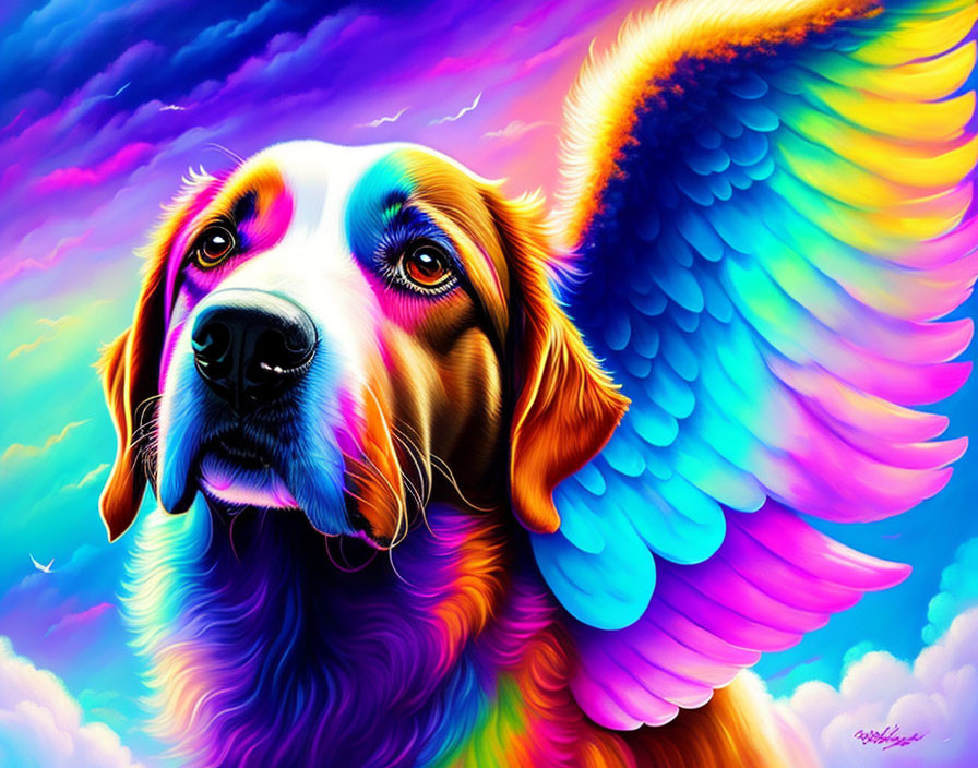 Colorful digital artwork featuring a dog with rainbow fur and wings