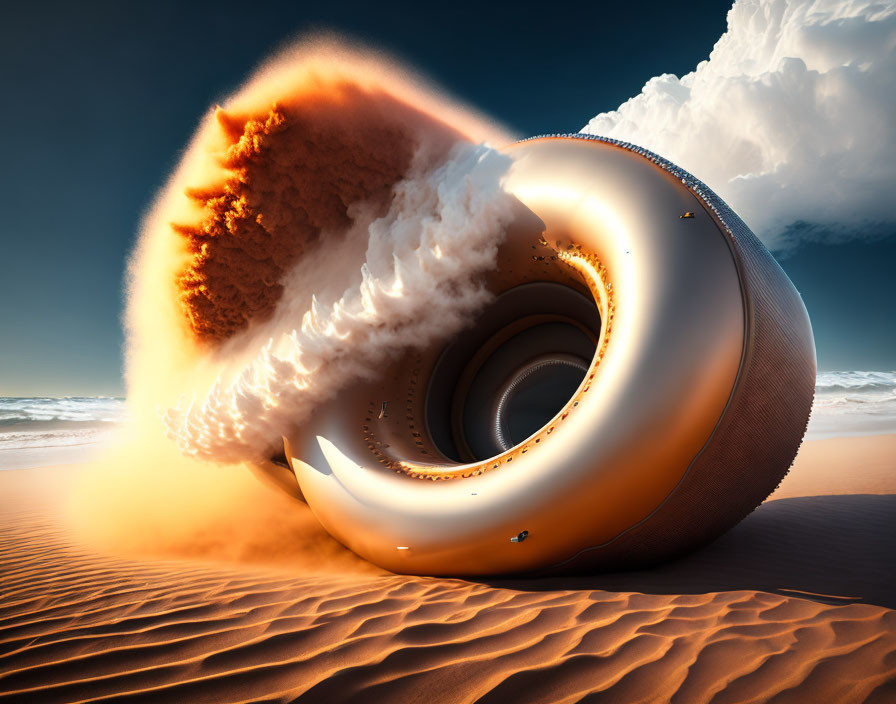 Metallic torus in desert with cloud explosion under blue sky