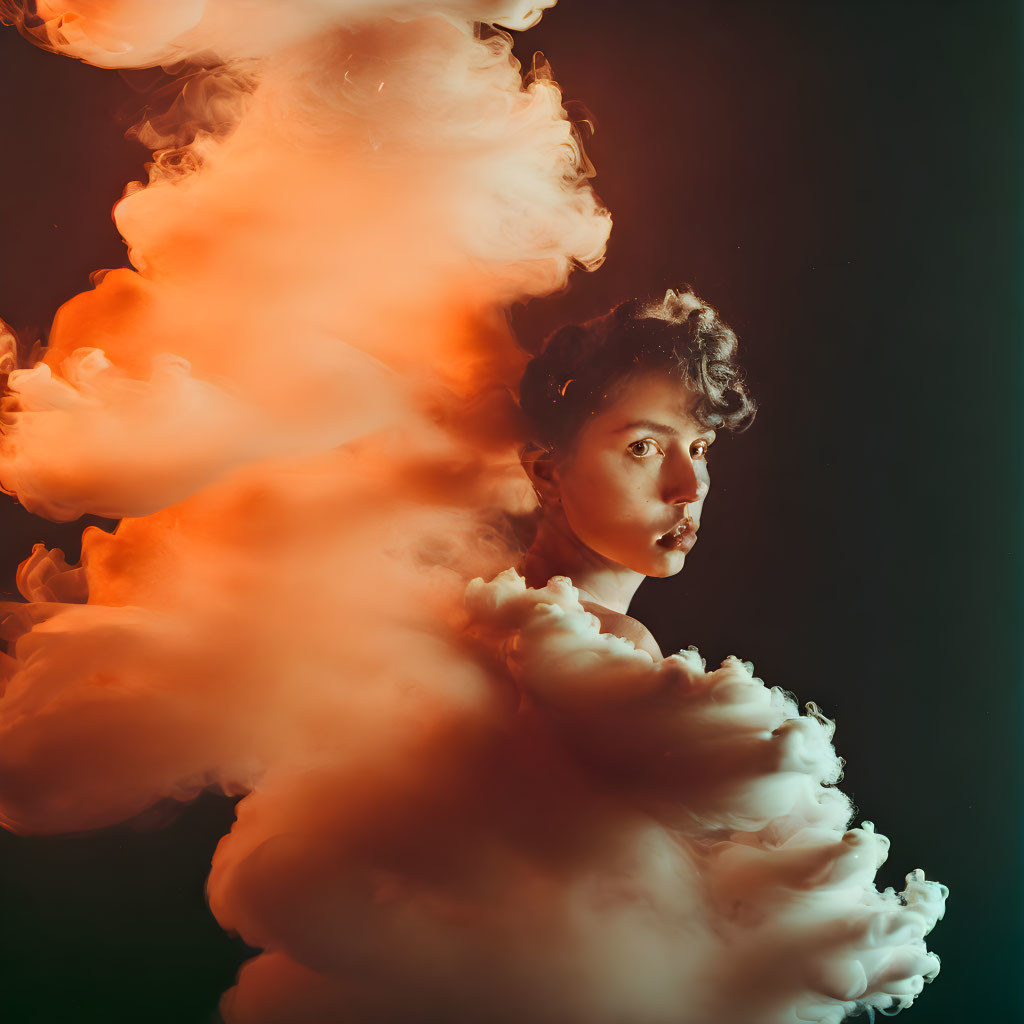 Mysterious figure in orange and white smoke on dark background