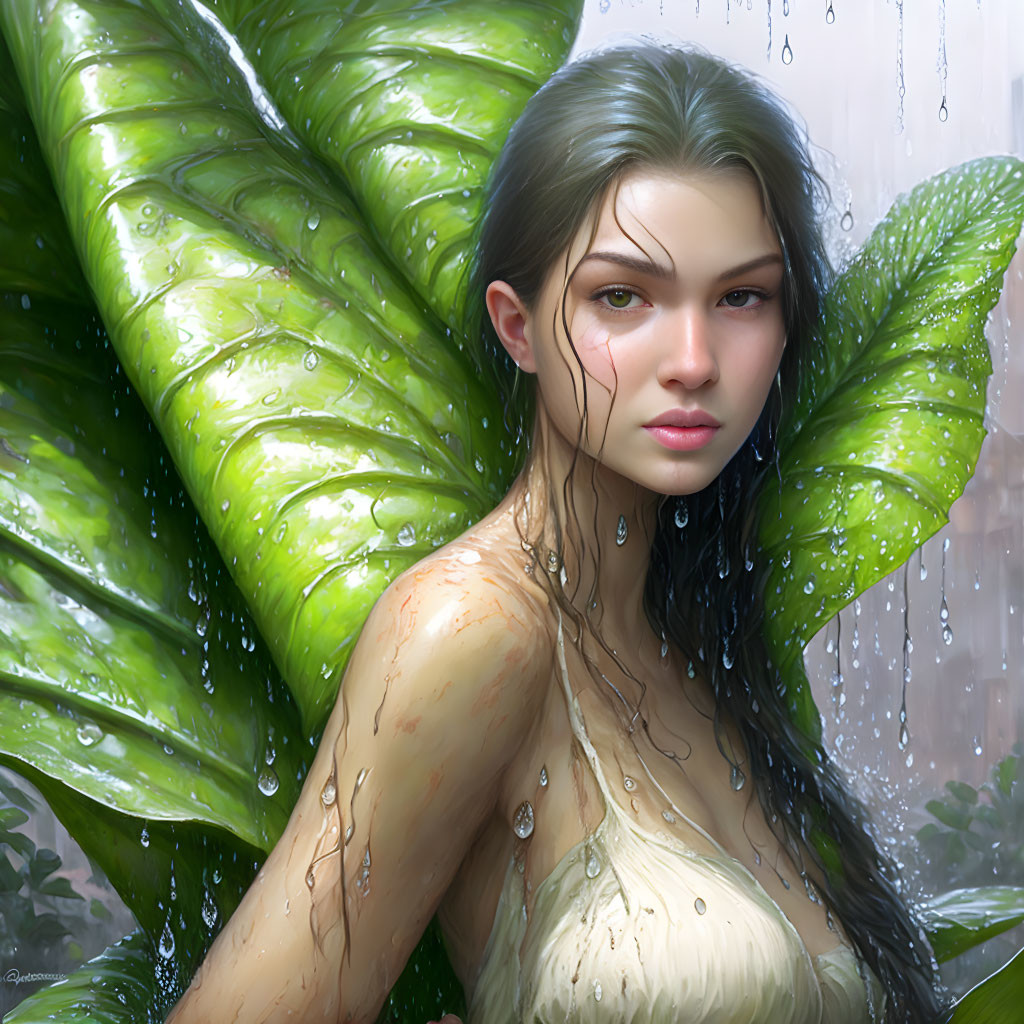 Digital painting: Woman with wet skin and hair among green leaves in a tropical setting