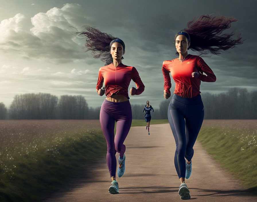 two running women, in sports clothes, long flowing