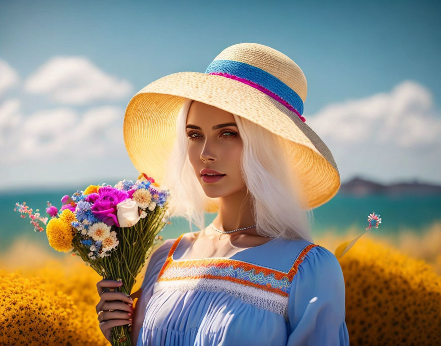 Blonde woman in sunhat with colorful bouquet in flower-filled landscape