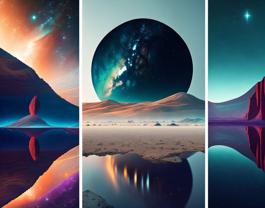 Surreal triptych: desert landscapes, vibrant skies, cosmic portal