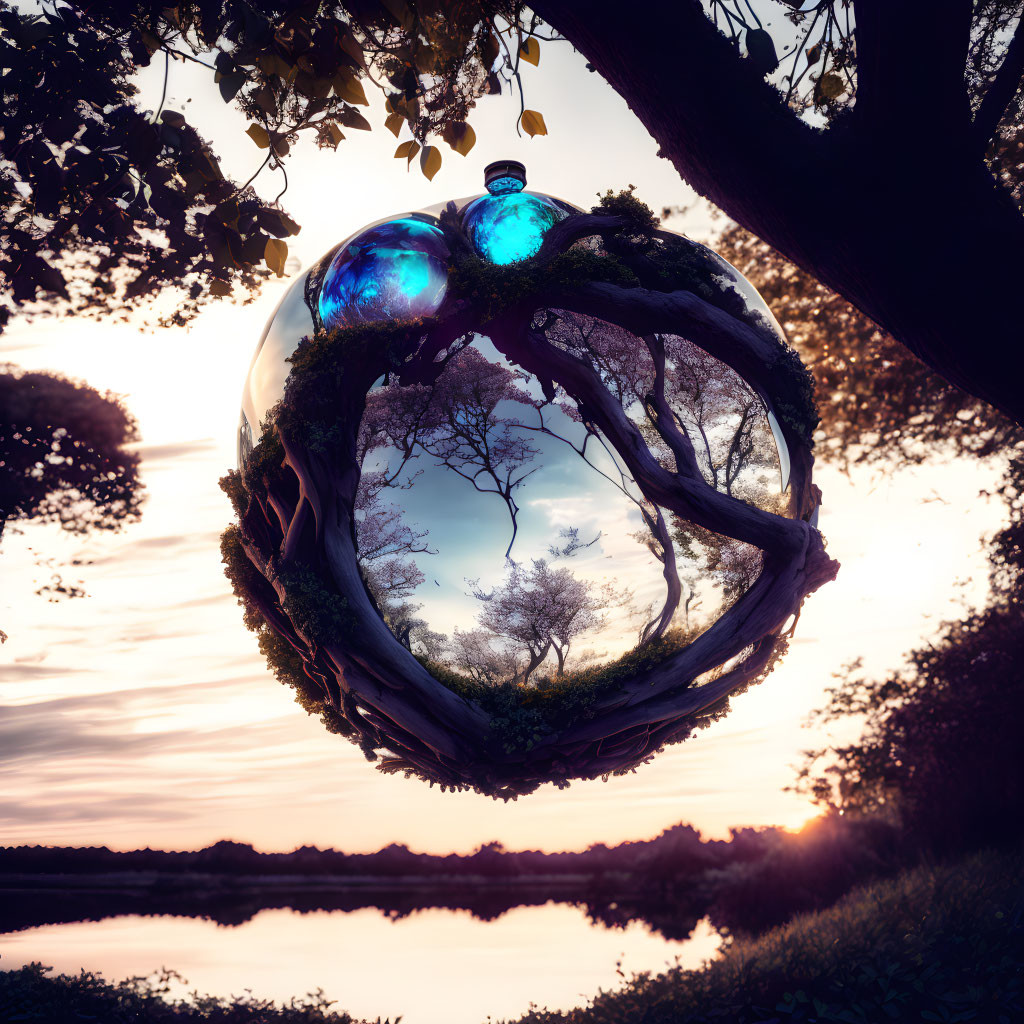 Surreal spherical object reflecting distorted sunset lake view