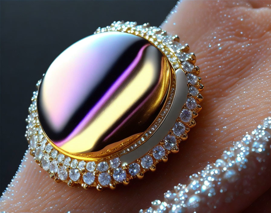 Luxurious Ring with Multicolored Gemstone and Diamonds on Glittering Surface