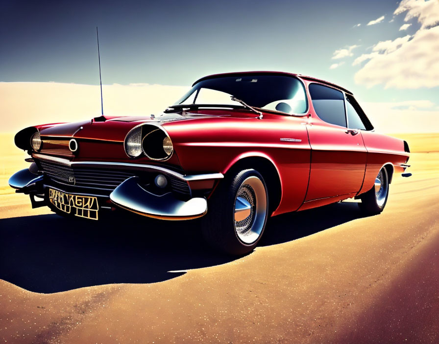 Classic Red Two-Door Car with Tailfins and Chrome Details in Desert Setting