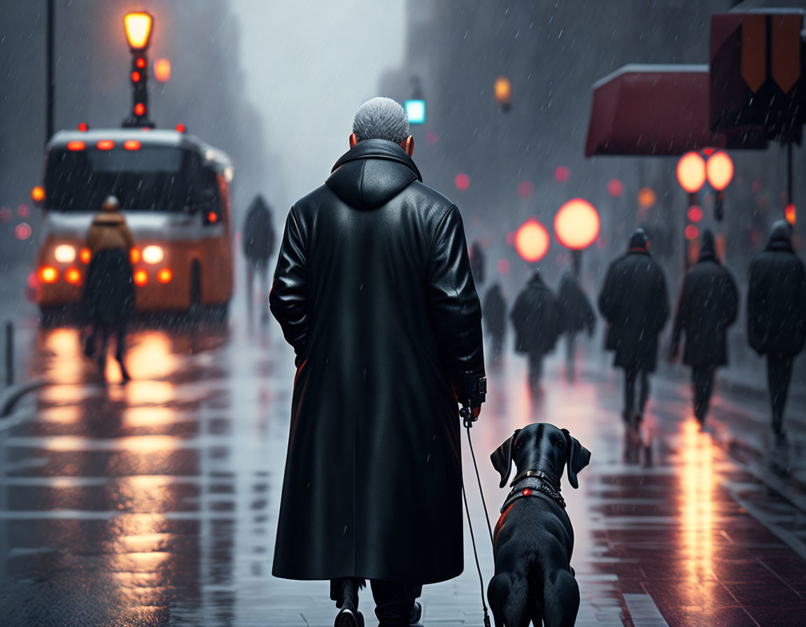 Man in Black Coat Walking Dog in Rainy City Street