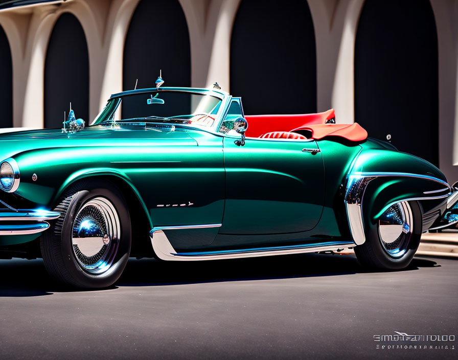 Vintage Teal Convertible Car with Red Interior and Shiny Finish