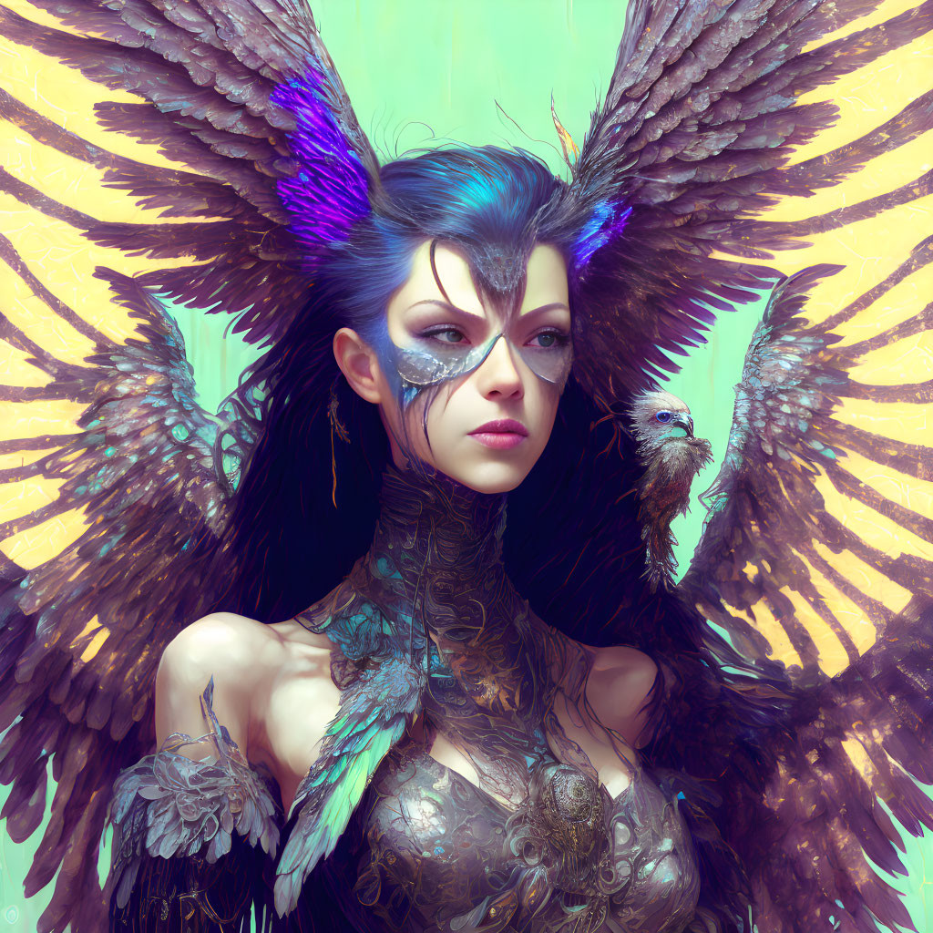 Fantastical image of woman with blue hair, wings, armor, and bird.