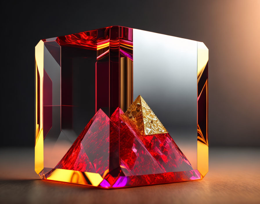 Reflective geometric crystal object in vibrant red and gold hues on smooth surface