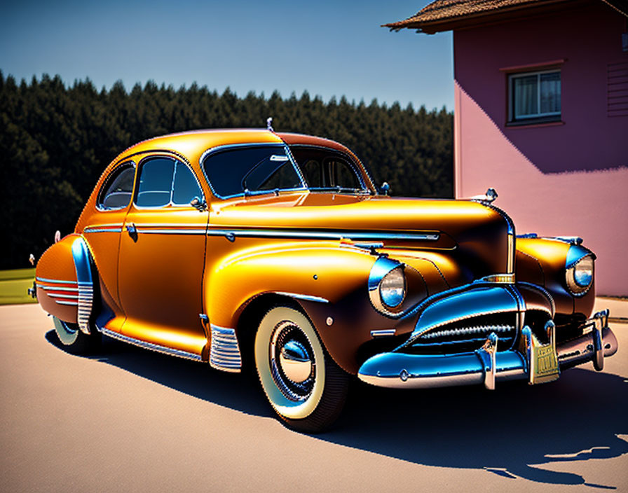 Vintage Orange Car with Chrome Detailing Parked Near Pink Building