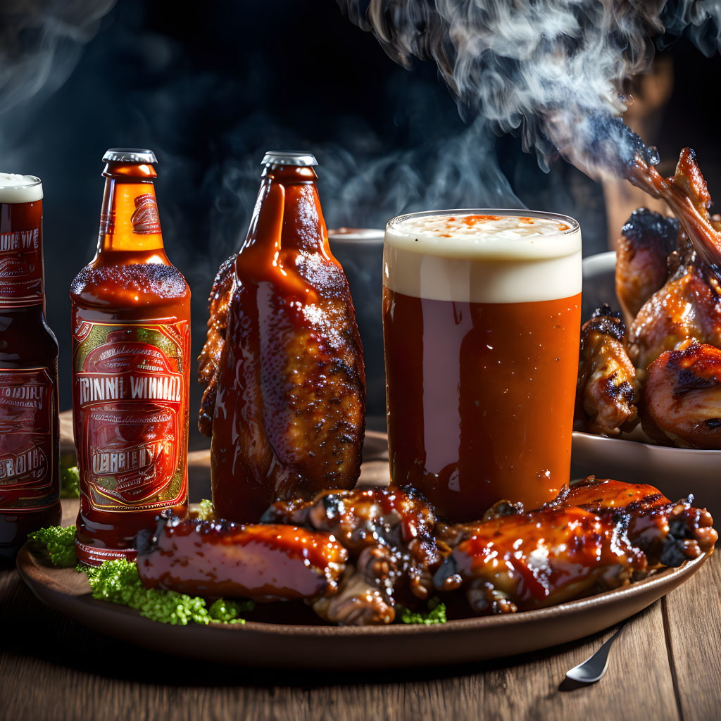 Succulent BBQ Ribs and Chicken with Beer on Rustic Wood Background