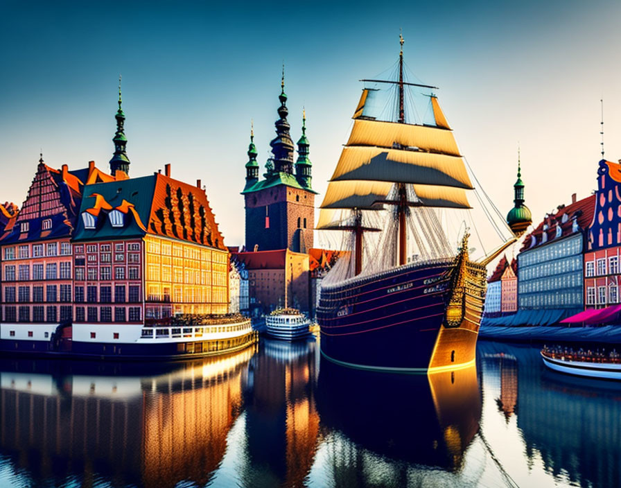 Historic European buildings and tall ship by river at sunset