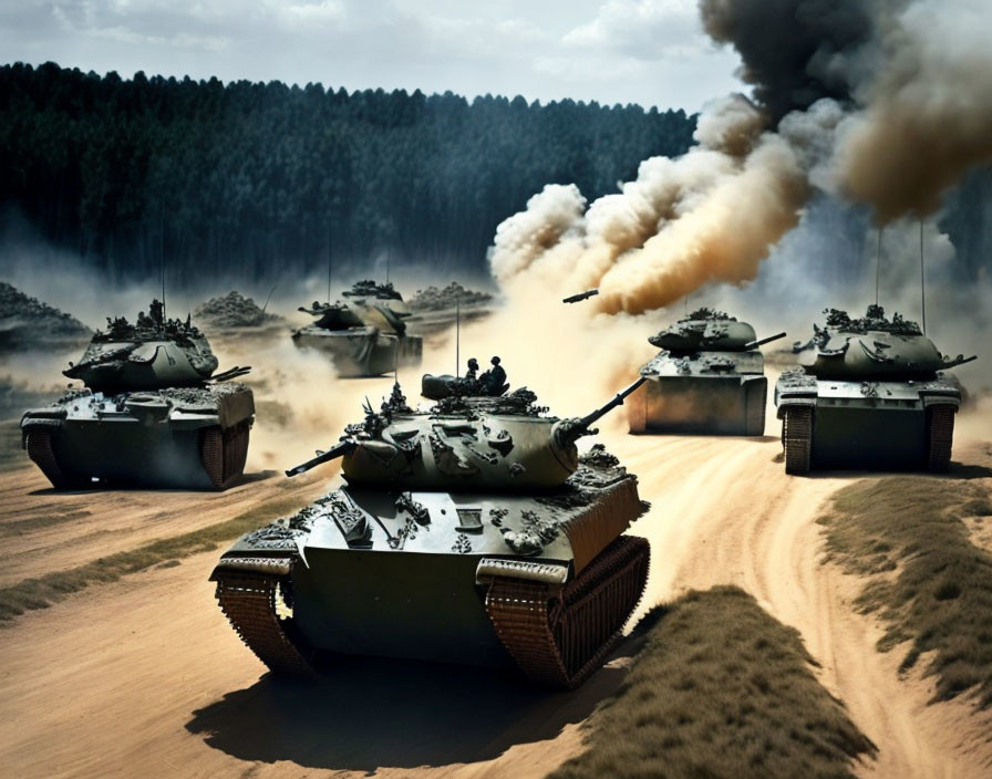 Military tanks advancing through dusty landscape with billowing smoke plumes