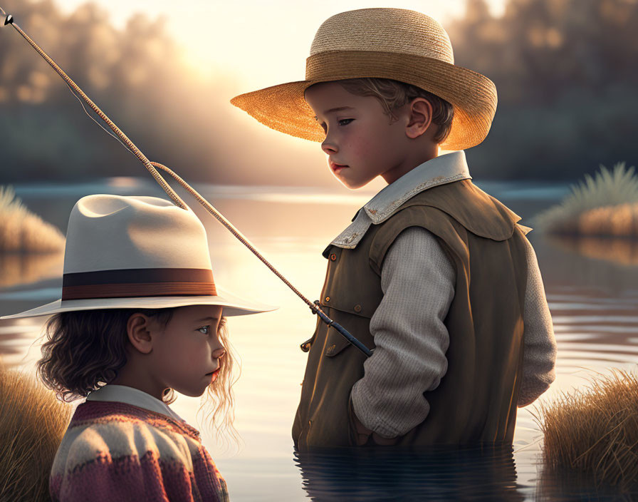 Children in vintage attire by lake at sunset with fishing rod, serene nature.